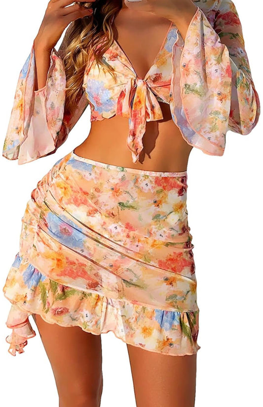 4 Piece Bikini Set with Crop Top and Mini Skirt  with Floral Print Mesh Set