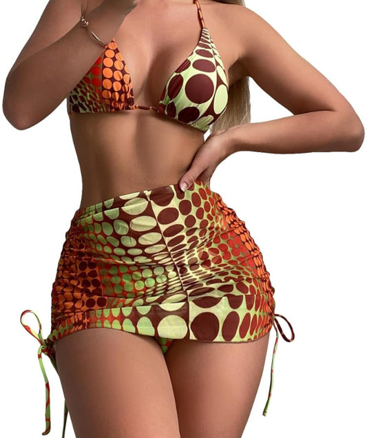Four Piece Bikini with Mini Skirt and Bandana Mesh Set