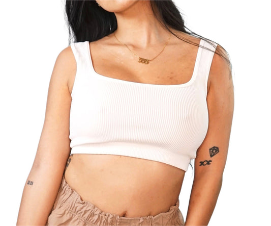 WHITE RIBBED CROP TANK TOP SQUARE NECK